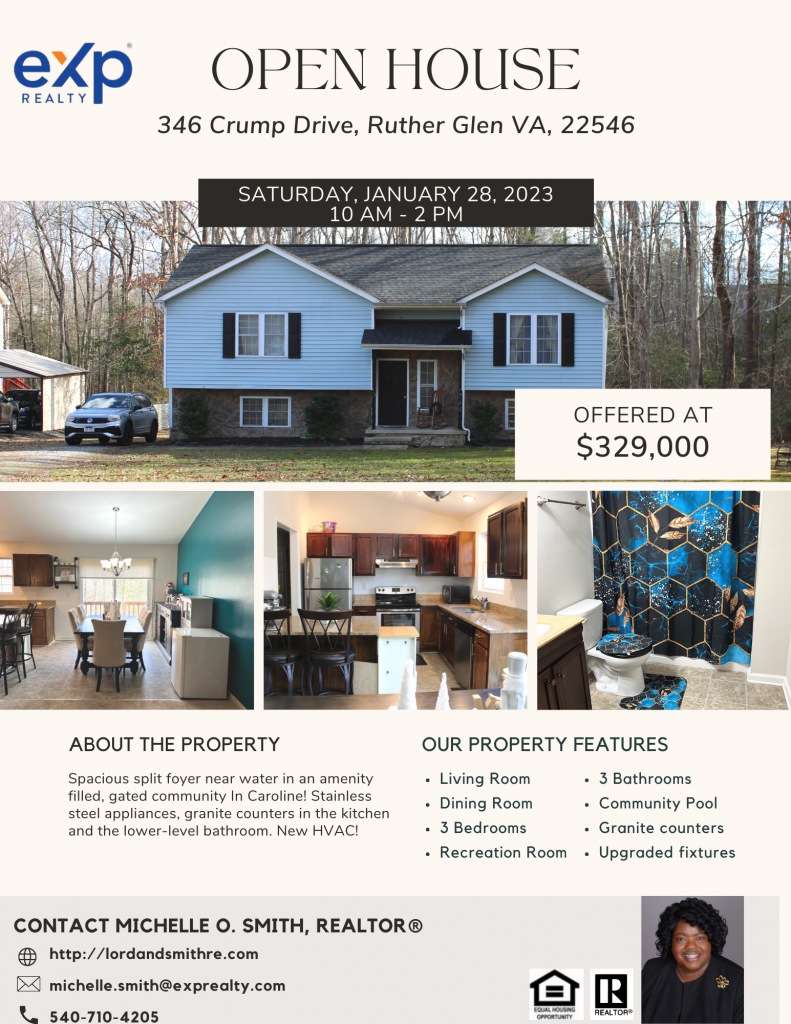 Flyer about an open house Saturday January 28, 2023 at 346 Crump Drive in Ruther Glen VA 22546 from 10 am to 2 pm
